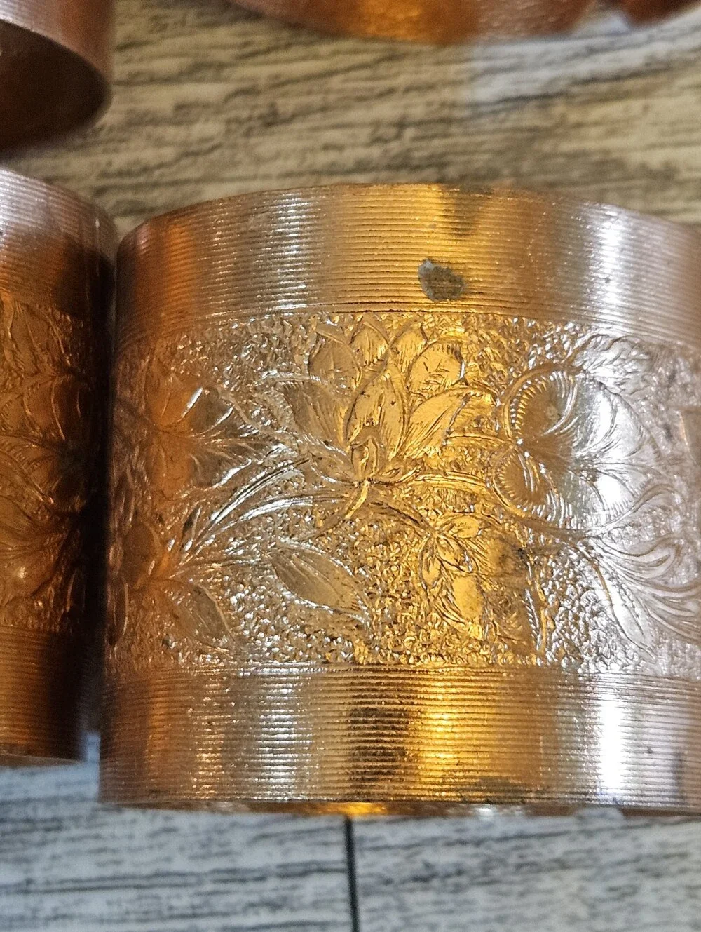 Vintage Copper Napkin Rings Lot of 7 Etched Floral Design